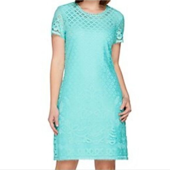 Issac Mizrahi Live! Turquoise Lace Short Sleeve Pullover Stretch Dress Size S - Picture 10 of 10